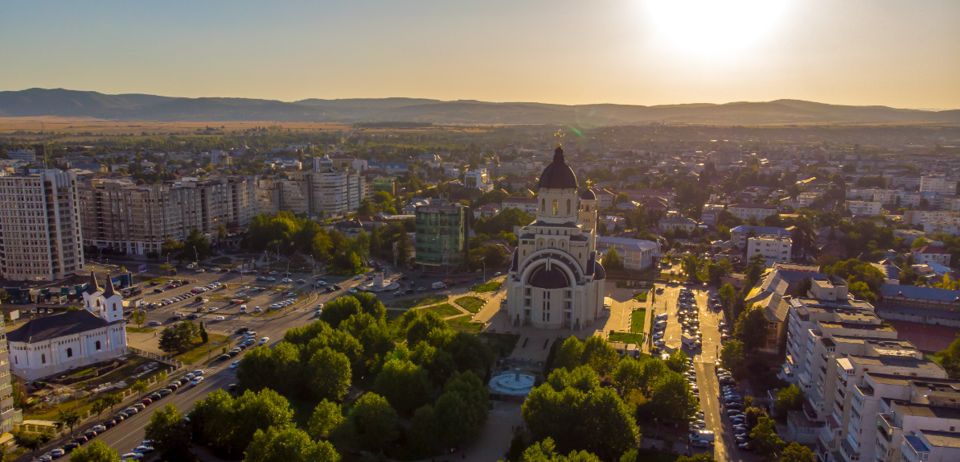 Bacău city centre and cathedral in the late-afternoon sun