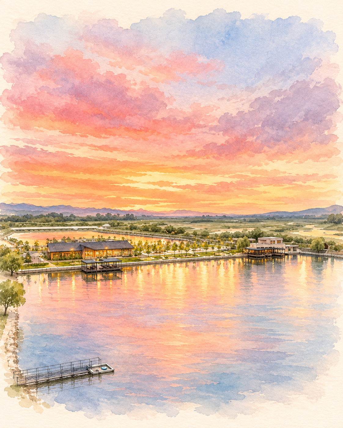 Watercolour illustration of Foliage by ARCA and its lakeside pontoon at sunset