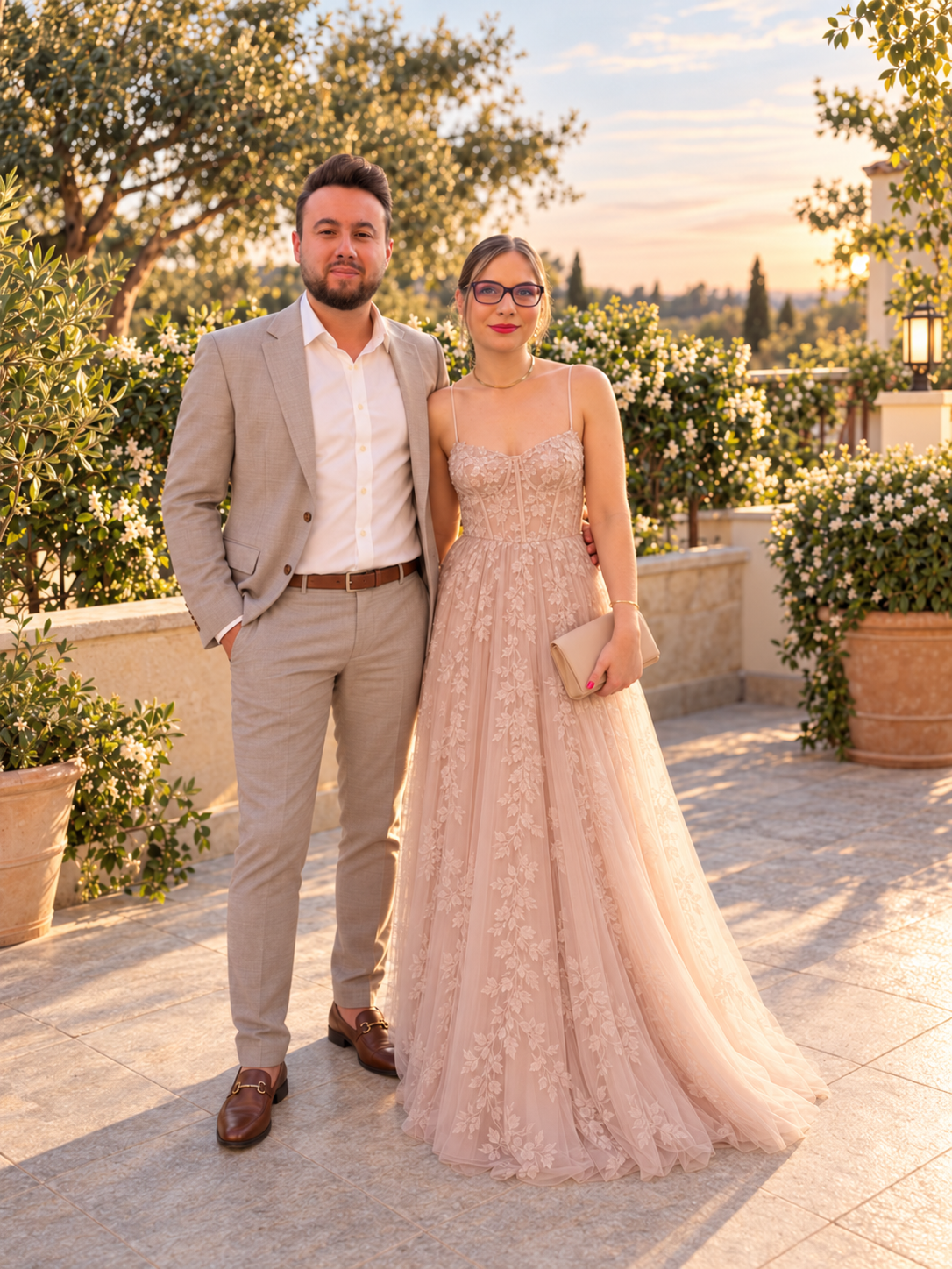 Iulian and Elena together in a sunlit garden